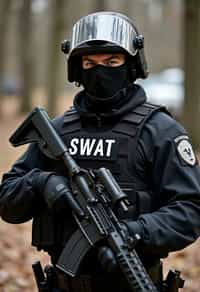 man as a SWAT Officer. wearing black swat vest, swat helmet, holding pdw