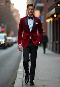 man in red tuxedo  showing cleavage walking on the curb in black shoes