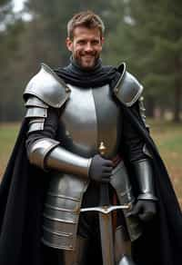 happy man as a Medieval Knight in silver armor, wearing a black elegant cape flowing in the wind, the knight holds a sword in one hand