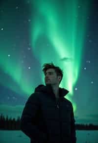 man at night at the Northern Lights Aurora Borealis