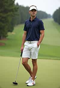 man as a Golfer on the Golf Course holding Golf Club wearing golf shorts or golf skirt, a collared shirt, golf pants