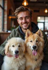 man in a Dog Cafe with many cute Samoyed and Golden Retriever dogs