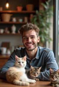 man in a Cat Cafe with many cute Cats and Kittens around them