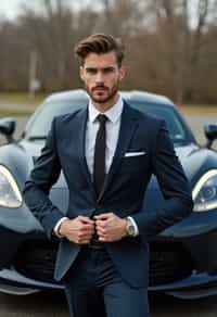 man wearing suit  posing in front of a sports car