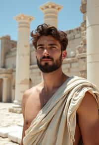 man as Ancient Greek philosopher in 500 B.C., Ancient Roman white clean new temple in background