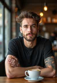  man in hipster coffee place with coffee cup on table