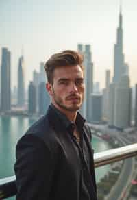 man standing in front of city skyline viewpoint in Dubai with city skyline in background