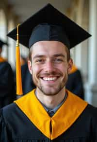 happy  man in Graduation Ceremony wearing a square black Graduation Cap with yellow tassel at college