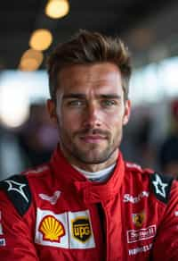 Ultra realistic photograph of man as Formula 1 race driver