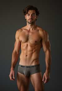 man wearing underwear  in Men's Health  centerfold photoshoot. intact eyes, symmetrical eyes, realistic skin texture. hyper realistic eyes. photorealistic