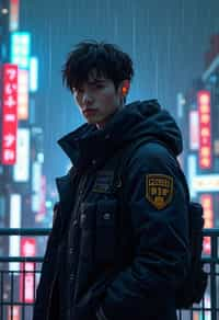 man as futuristic beautiful cyberpunk police officer, in heavy rainning futuristic tokyo rooftop cyberpunk night, ssci-fi, fantasy, intricate, very very beautiful, elegant, neon light, highly detailed, digital painting, artstation, concept art, soft light, hdri, smooth, sharp focus, illustration, art by tian zi and craig mullins and wlop and alphonse mucha