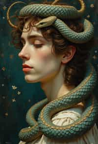 man with coiled serpents beautiful detailed romantic art nouveau of a man  by alphonse mucha, kay nielsen, yoshitaka amano, and gustav klimt, hauntingly beautiful refined moody dreamscape