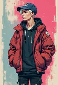 full body of a street punk man student, blue eyes, bubble jacket, hat, white hair by atey ghailan, by greg rutkowski, by greg tocchini, by james gilleard, by joe fenton, by kaethe butcher, gradient pink, black, brown and light blue color scheme, grunge aesthetic