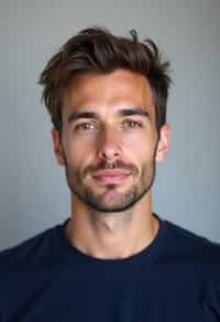 man as official passport photo for government documents. wearing a dark blue navy t-shirt. photorealistic. light gray background. entire face visible. entire head visible