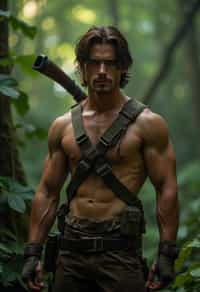 man as masculine male sidekick of Lara Croft  in Tombraider, in rainforest, cinematic lighting