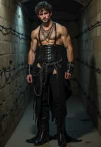 gothic man, bound by chains and barbed wire in a dungeon, very tight corset, high heels