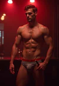 man in sexy underwear  as a chippendale  in strip club. wide shot. cinematic lighting