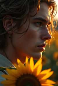 Close face shot of a man with a sunflower in hair, summer season, moody scene,, intricate, sharp details, summer vibe, gorgeous scene by gaston bussiere, craig mullins, somber lighting, drawn by giacomo burattini, inspired by graphic novel cover art, hyperrealistic, 8 k by rhads