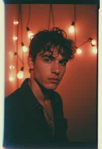 Dreamy polaroid instax photograph of man in the backrooms, many lights in background