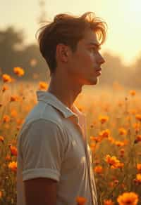 man | standing in field full of flowers | detailed gorgeous face! ! | full body! ! | god rays | intricate | elegant | realistic | hyperrealistic | cinematic | character design | concept art | illustration | digital art | digital painting | depth of field