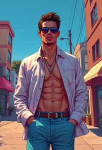 man, gta vice city cover art, borderlands style, celshading, trending on artstation, by rhads, andreas rocha, rossdraws, makoto shinkai, laurie greasley, lois van baarle, ilya kuvshinov and greg rutkowski