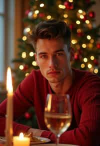 man at Christmas dinner wearing Christmas style clothes. Christmas tree in background. Christmas lights