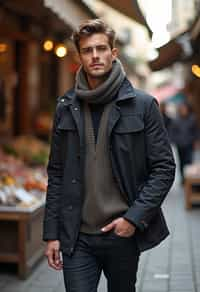 a stylish masculine  man exploring a street market