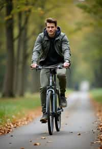 a stylish masculine  man enjoying a leisurely bike ride along a scenic path