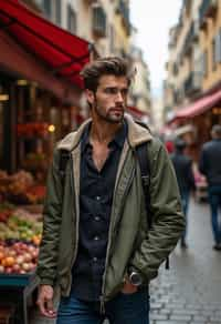 a charismatic masculine  man exploring a street market