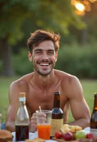 masculine  man having a fun outdoor picnic