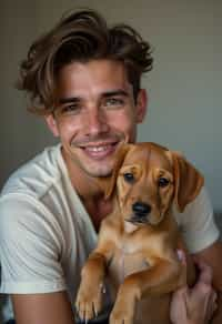 masculine  man posing with a cute pet