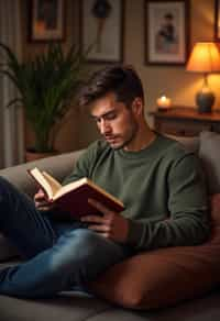 masculine  man reading a book in a cozy home environment