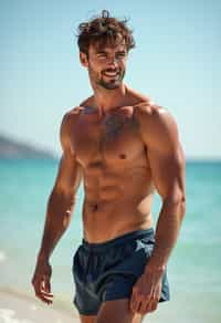 masculine  man in solid color  swim shorts on the beach, wet hair, swimsuit sports illustrated FHM maxim photos