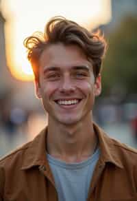 headshot of smiling man wearing casual clothes posing for dating app headshot. outdoor blurry background. the lighting is warm, possibly from a setting sun, creating a soft glow around him, enhancing the casual and relaxed vibe of the image. the setting seems to be outdoors, likely in an urban environment, with the blurred background hinting at a street or park-like area. this image likely portrays a youthful, active, and approachable individual, possibly in a lifestyle or fashion-related context.