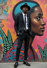 a fashionable masculine  man posing in front of street art