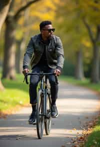 a stylish masculine  man enjoying a leisurely bike ride along a scenic path