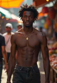 a charismatic masculine  man exploring a street market