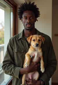 masculine  man posing with a cute pet