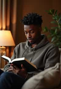 masculine  man reading a book in a cozy home environment