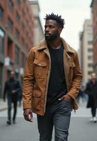 masculine  man taking a casual stroll through a cityscape