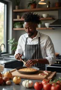 masculine  man cooking or baking in a modern kitchen