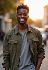 headshot of smiling man wearing casual clothes posing for dating app headshot. outdoor blurry background. the lighting is warm, possibly from a setting sun, creating a soft glow around him, enhancing the casual and relaxed vibe of the image. the setting seems to be outdoors, likely in an urban environment, with the blurred background hinting at a street or park-like area. this image likely portrays a youthful, active, and approachable individual, possibly in a lifestyle or fashion-related context.