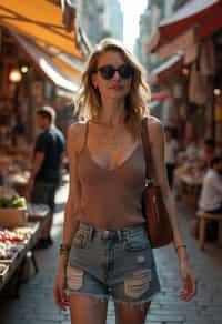 a stylish  feminine woman exploring a street market