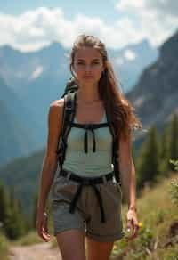 feminine woman in going hiking outdoors in mountains