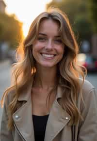 headshot of smiling woman wearing casual clothes posing for dating app headshot. outdoor blurry background. the lighting is warm, possibly from a setting sun, creating a soft glow around him, enhancing the casual and relaxed vibe of the image. the setting seems to be outdoors, likely in an urban environment, with the blurred background hinting at a street or park-like area. this image likely portrays a youthful, active, and approachable individual, possibly in a lifestyle or fashion-related context.