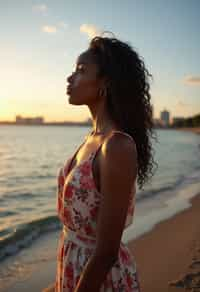 a captivating  feminine woman enjoying a peaceful moment by the waterfront