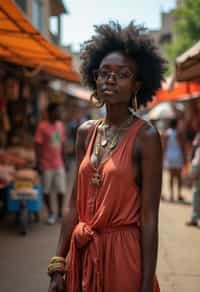 a charismatic  feminine woman exploring a street market