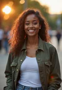 headshot of smiling woman wearing casual clothes posing for dating app headshot. outdoor blurry background. the lighting is warm, possibly from a setting sun, creating a soft glow around him, enhancing the casual and relaxed vibe of the image. the setting seems to be outdoors, likely in an urban environment, with the blurred background hinting at a street or park-like area. this image likely portrays a youthful, active, and approachable individual, possibly in a lifestyle or fashion-related context.