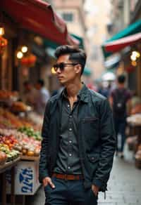 a stylish masculine  man exploring a street market