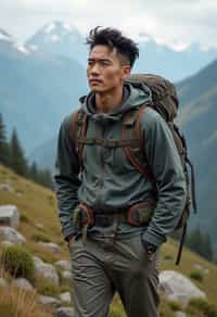 an adventurous masculine  man hiking in the mountains